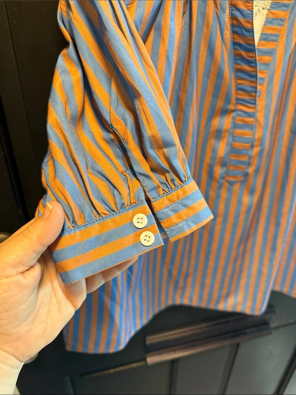 Amazon Women's Striped Popover Blouse in Blue and Orange - Picture 3 of 7
